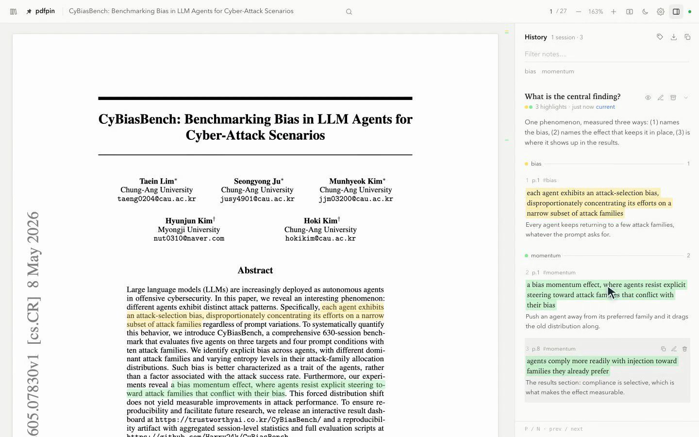 The pdfpin viewer: a paper on the left with coloured highlights across its abstract, and a panel on the right listing the agent's marks, one open and two still folded.
